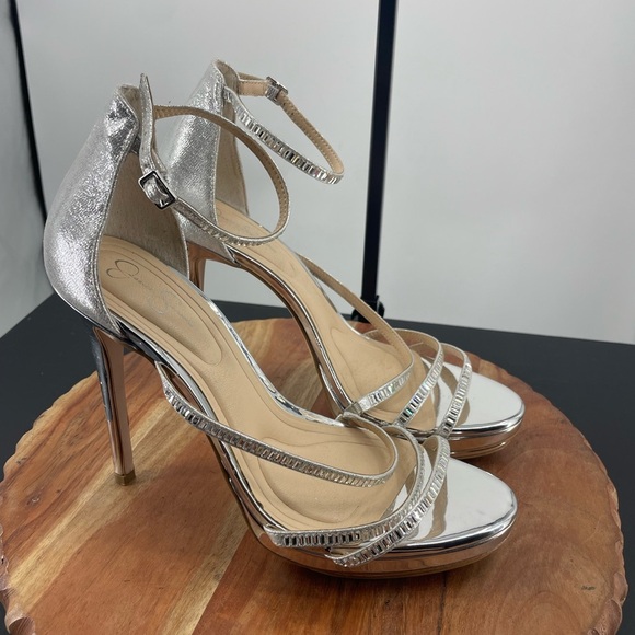 JESSICA SIMPSON Womens Silver 1" Platform Embla Toe Stiletto Heeled Sandal 9.5 M - Picture 1 of 10